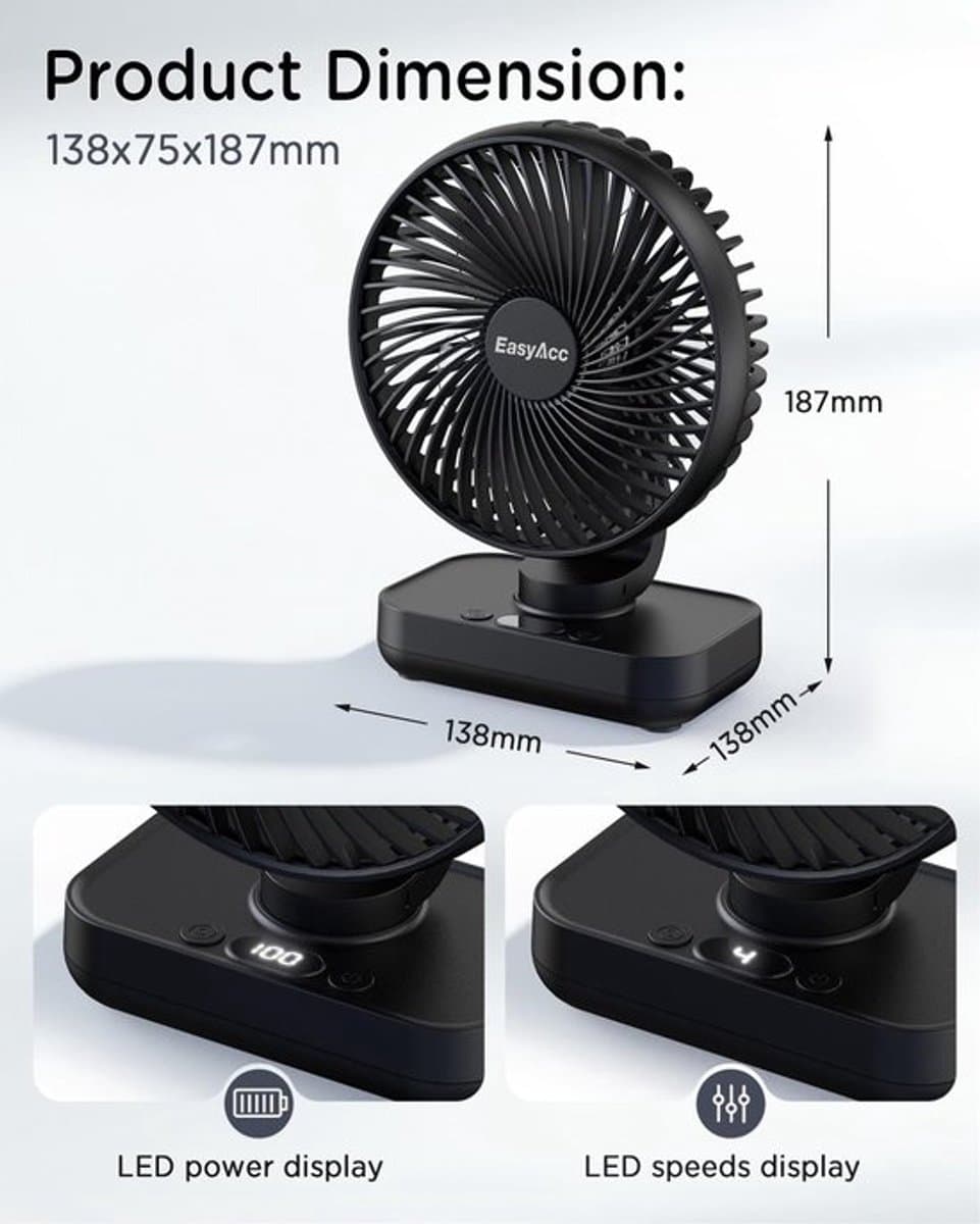 Solvix tafel ventilator geluidloos - Tafelfan - Zwart - Automatische Oscillatie - Oplaadbare Accu - Voor Thuis en Onderweg thumbnail 5