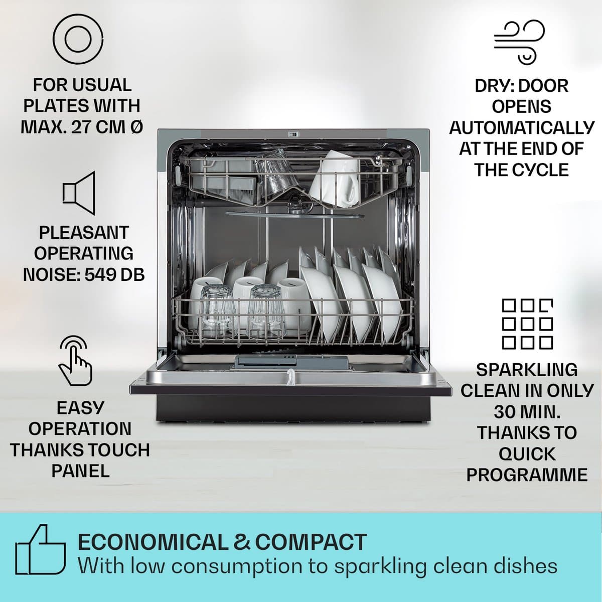 Klarstein Vaatwasser mini- voor 8 couverts, stille kleine vaatwasser met 6 wasprogramma's, kleine tafelmodel vaatwasser voor thuis, kantoor, camping, mini-vaatwasser met wateraansluiting - Vaatwasmachine - 8 Maatgedekken 49 dB 45 cm 1620W thumbnail 7