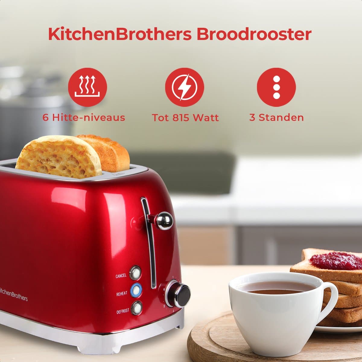 KitchenBrothers Retro Broodrooster - Toaster - 6 Warmteniveaus - 2 Extra Brede Sleuven - BPA-vrij - 815W - Rood thumbnail 2