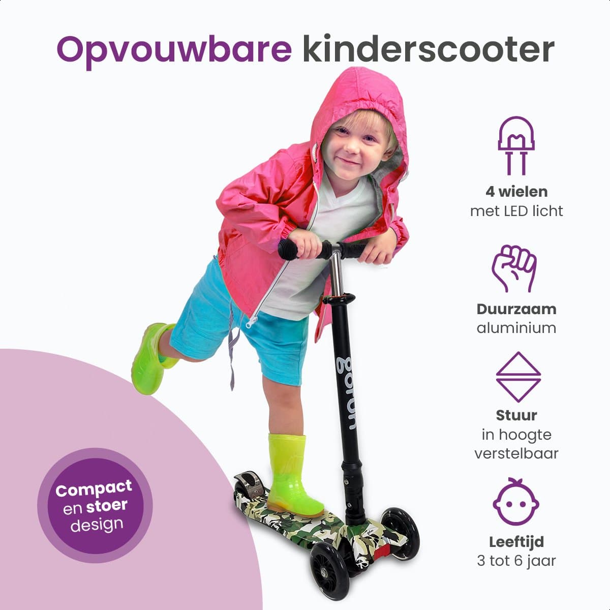 Gofun Kinderstep - Lichtgevende Wielen - Opvouwbaar - Step 3-8 jaar - Verstelbaar - Antislip - 85 x 58 x 23 cm - Zwart thumbnail 3