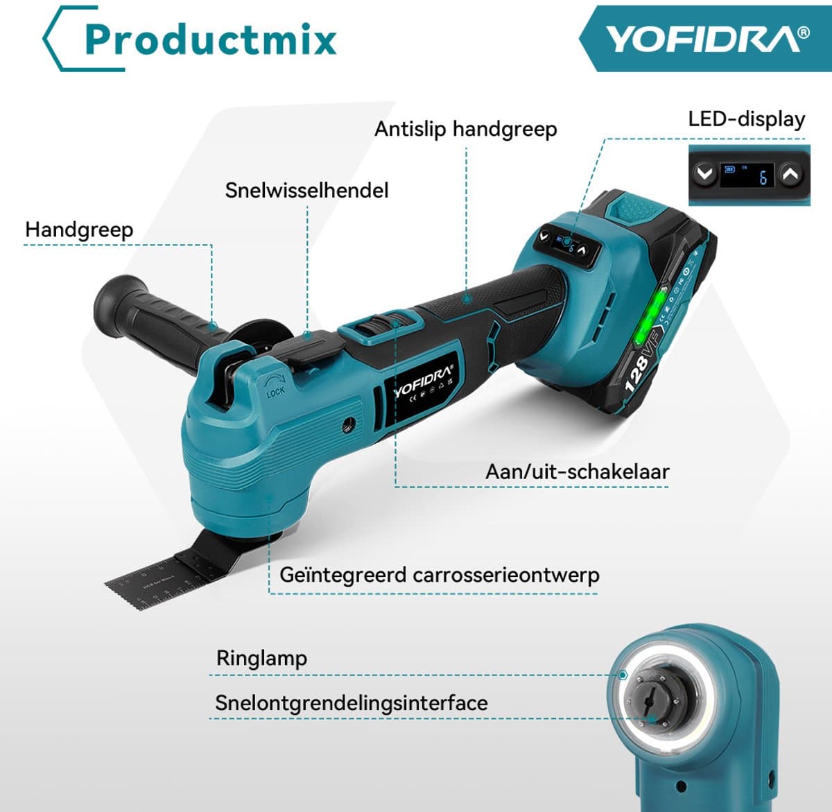 Yofidra Accu Multitool - Borstelloze Multifunctioneel - 8000–20000 tpm - met 2x Accu's & 22x Accessoires - voor verwijderen, schrapen en zagen thumbnail 3
