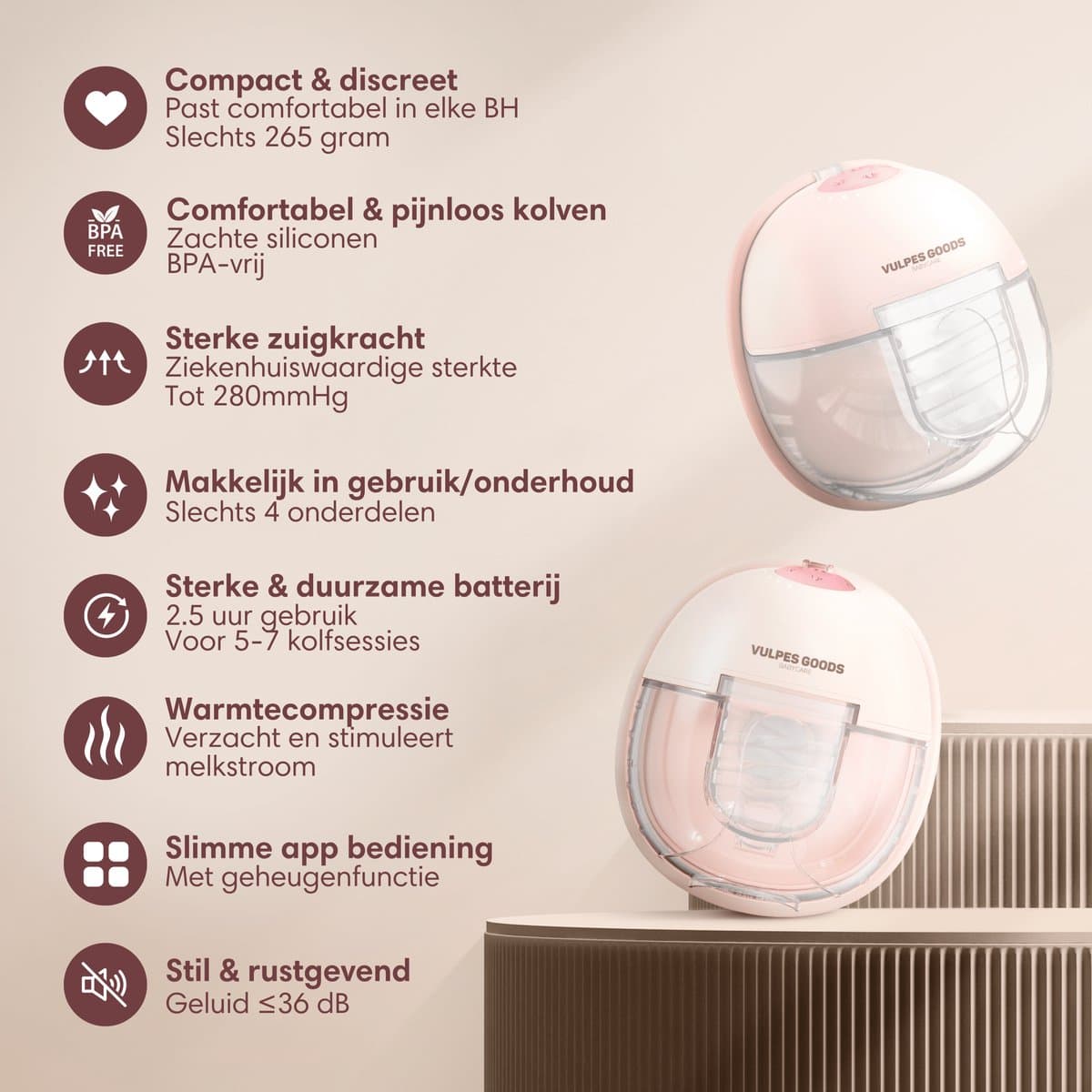 Vulpes Goods® BabyCare - Elektrische Borstkolf Elite - Handsfree Borstkolf - Dubbele Draadloze Borstkolf - Warmtecompressie - BPA-Vrij - App - Incl. Reiskoffer, Borstschildverkleiners, 60 Bewaarzakjes & Meer - Roze thumbnail 6