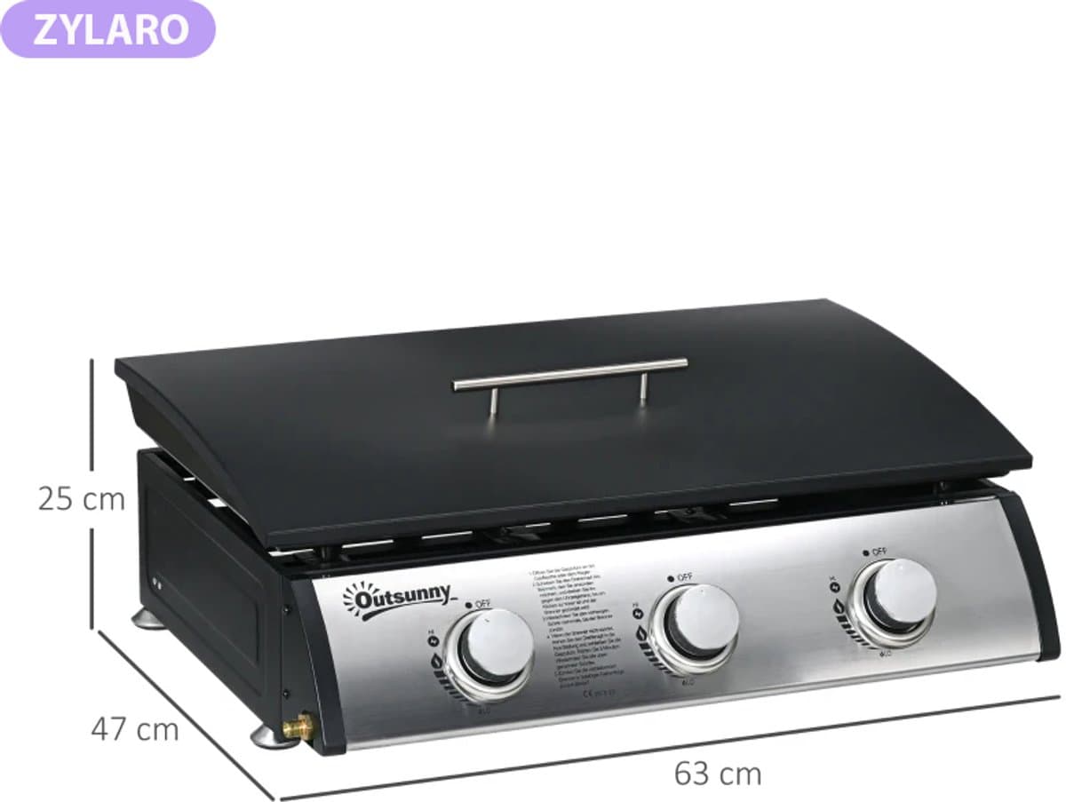 Gasbarbecue - Tafelmodel Gasbarbecue en Gasgrill - 3 Branders - 7,5 kW - met Deksel, Vetopvangbak, Antiaanbakplaat - 63 x 47 x 25 cm - Zwart + Zilver thumbnail 2