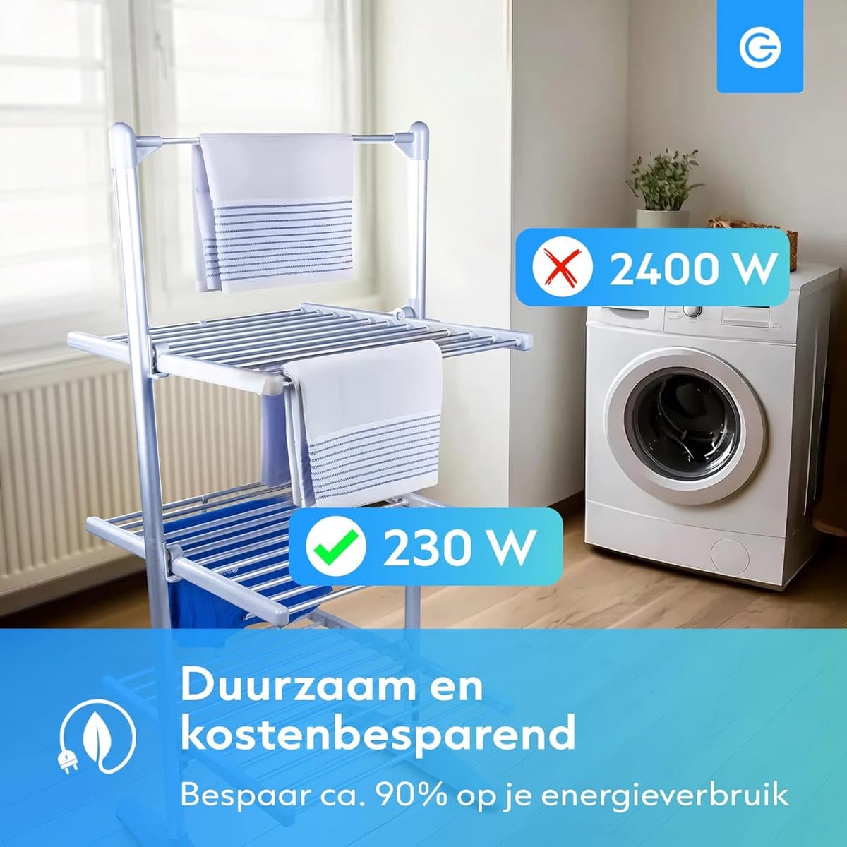 Elektrische Droogtoren - Verwarmd Rek - Kleding Drogen - 4 Opvouwbare Lagen - 73x70x147cm - Grijs thumbnail 3