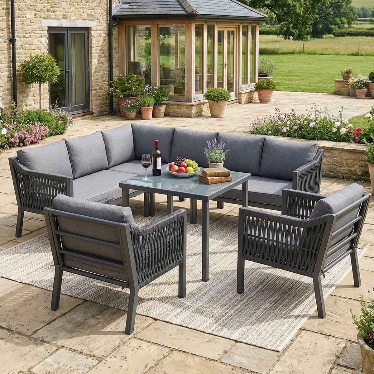 BLACKCOLORS Tuin-eetset, tuinmeubelset, 8 personen, hoekopstelling, verzinkt ijzer, glazen tafelblad, handgeweven touwset, bestaande uit een eettafel, twee fauteuils en een hoekbank, grijs. thumbnail 6