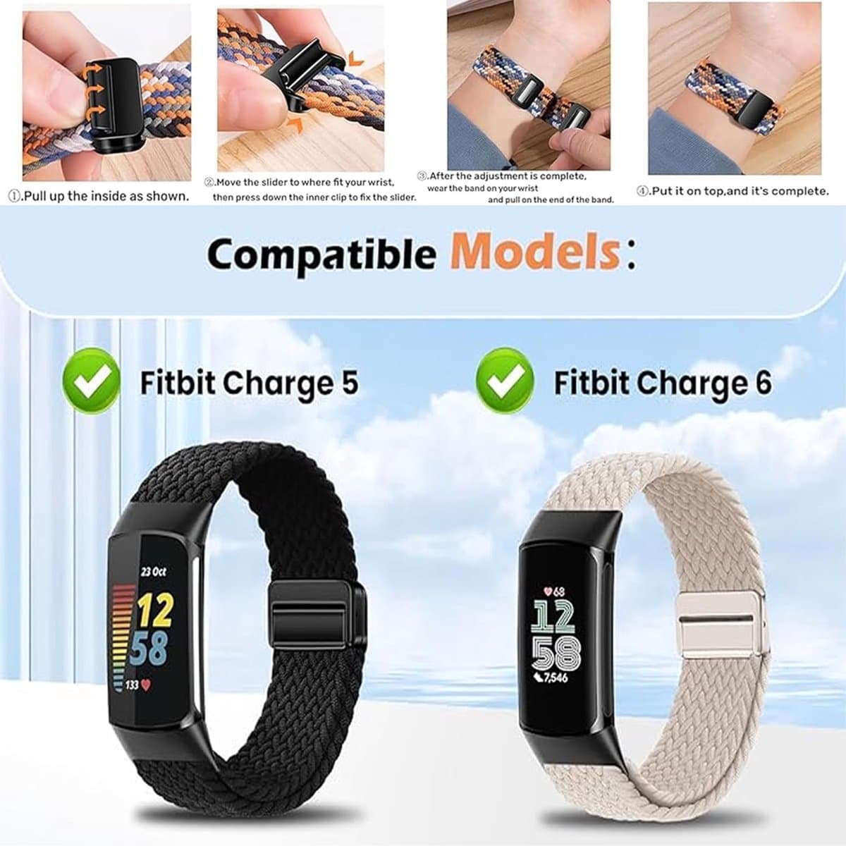 Sundara Braid Nylon Compatibel Fitbit Charge 6 Horlogebanden Magnetische Rekbare Stof Zachte Lus Bandjes Verstelbare Polsband Fitbit Charge 5 Band/Charge 6 Fitness Tracker Vervangende Vrouwen Mannen thumbnail 2