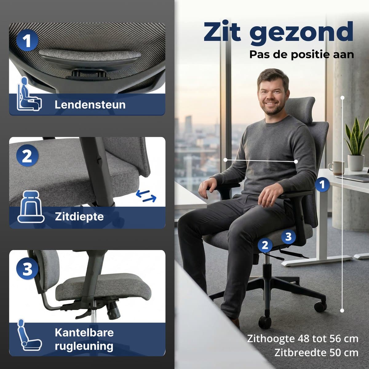 Backerz Ergonomische Bureaustoel - Bureaustoelen voor Volwassenen tot 160kg - Fabric Office Chair - NEN-EN1335 thumbnail 6