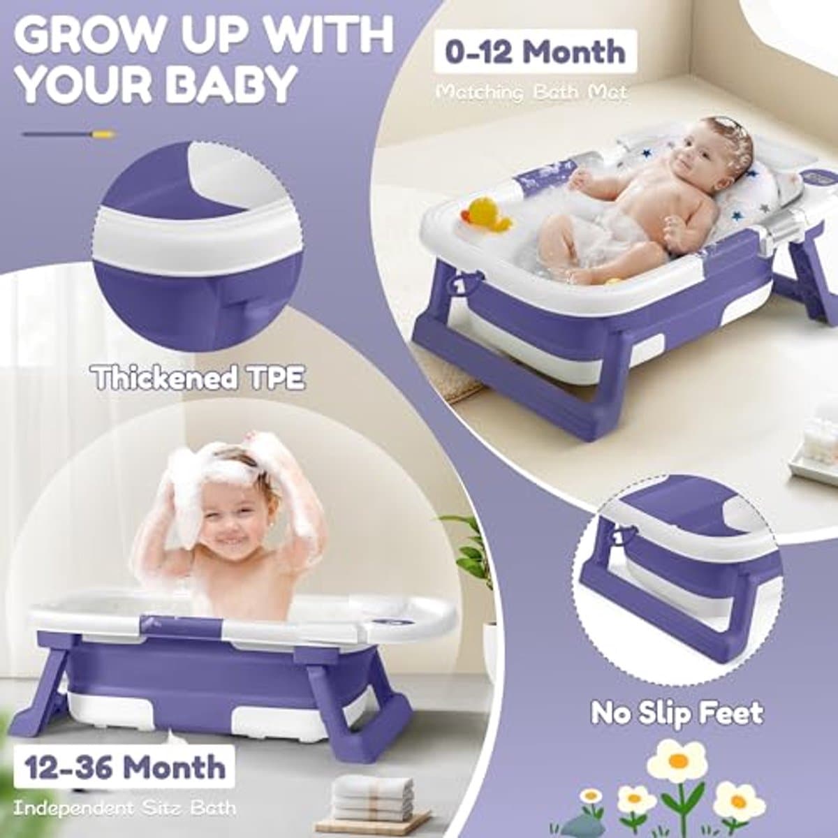 Opvouwbare babybadkuip voor pasgeborenen tot peuters met kussen en thermometer thumbnail 4