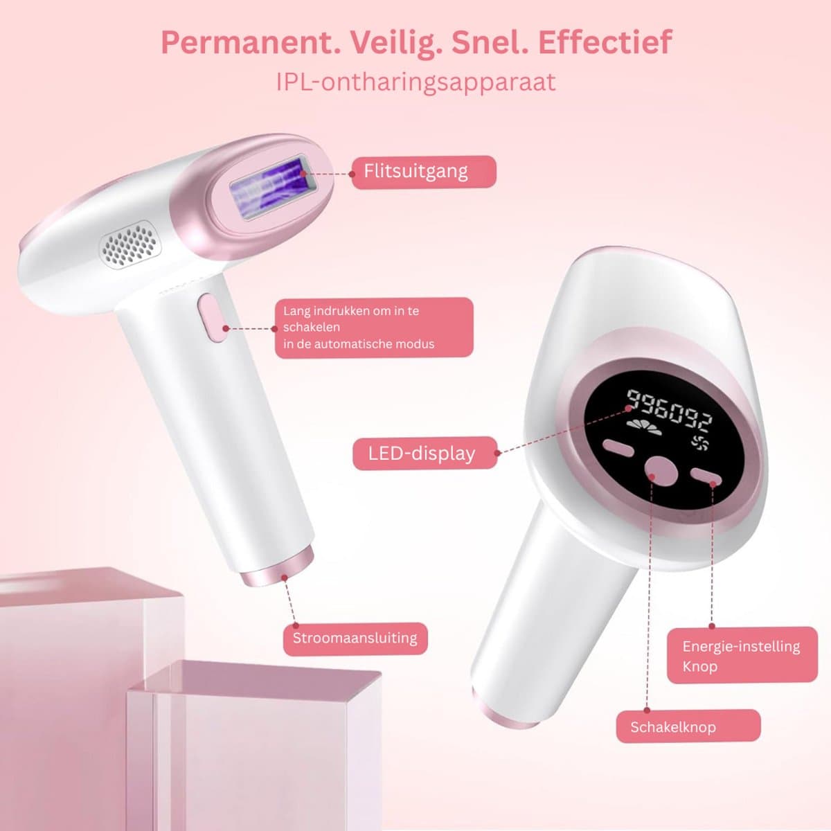 MKSS® Laser Ontharingsapparaat - IPL Ontharing - Mannen & Vrouwen - Wit en Roze thumbnail 2