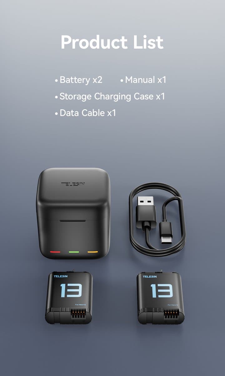 Telesin Battery Charger Box + 2x accu voor GoPro Hero 13 - Laadt 3 Accu's Tegelijk op - Opbergdoos voor Accu's en 2 MicroSD Kaarten thumbnail 6