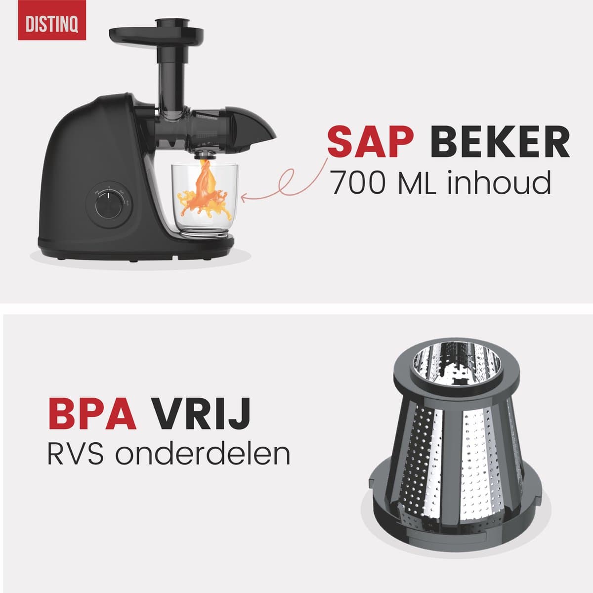 DistinQ® Slowjuicer met Pulpcontainer – 2 standen Soft en Hard - Zwart - 700ml Sapbeker en 1400ml pulpreservoir thumbnail 8