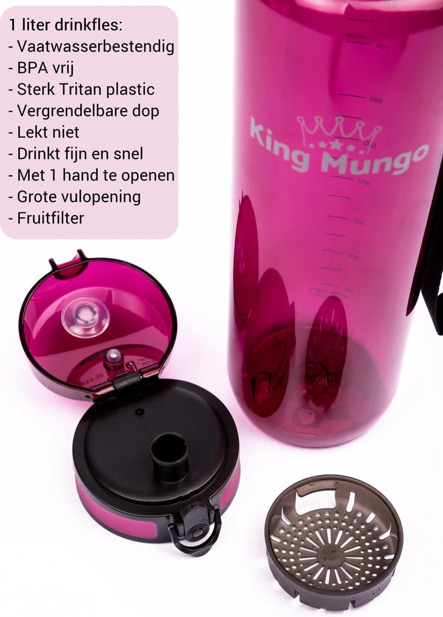 Drinkfles 1 Liter Paars Rood transparant - Sport Bidon 1L Tritan - 100% Lekvrij & Vaatwasserbestendig - Zonder Rietje - King Mungo thumbnail 4