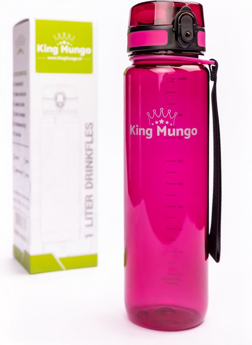 Drinkfles 1 Liter Paars Rood transparant - Sport Bidon 1L Tritan - 100% Lekvrij & Vaatwasserbestendig - Zonder Rietje - King Mungo thumbnail 2