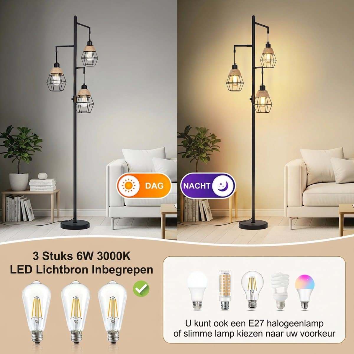 MUPOO Industrieel Vloerlamp Zwart met 3-Lichts - Staande Lamp met 3 Metalen Kappen & Henneptouw - Hoeklamp Woonkamer & Slaapkamer thumbnail 4