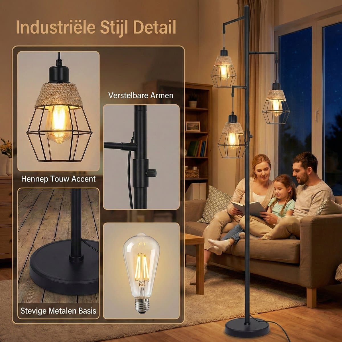 MUPOO Industrieel Vloerlamp Zwart met 3-Lichts - Staande Lamp met 3 Metalen Kappen & Henneptouw - Hoeklamp Woonkamer & Slaapkamer thumbnail 2