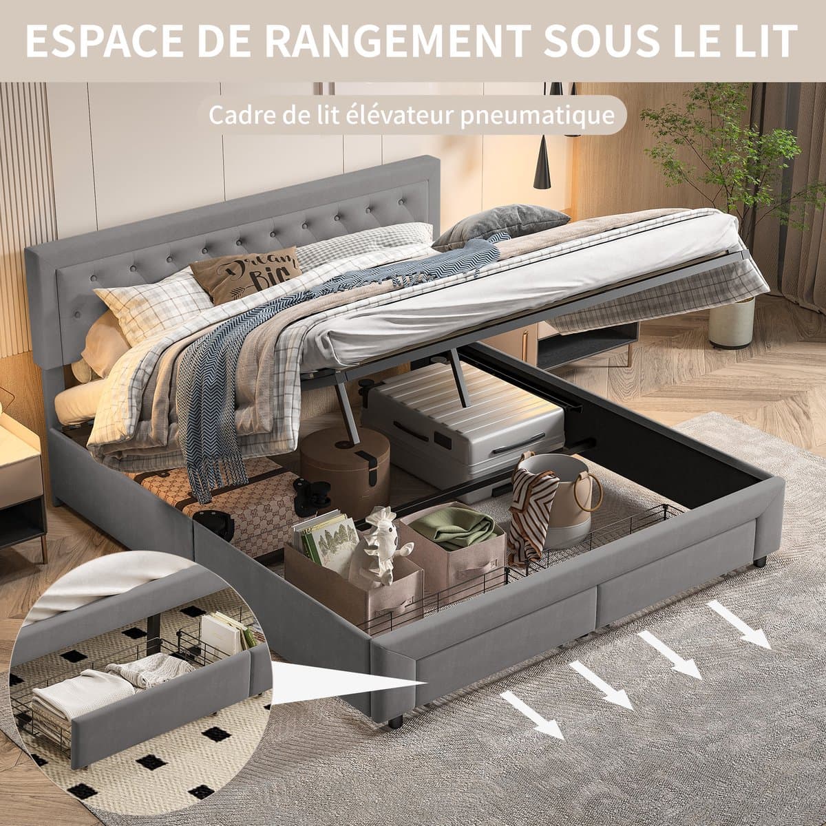 180x200 Fluwelen Opbergbed Grijs – Gaslift Tweepersoonsbed met 2 Grote Lades bij Voeteneinde & Extra Opbergruimte – Bed 180x200 thumbnail 8