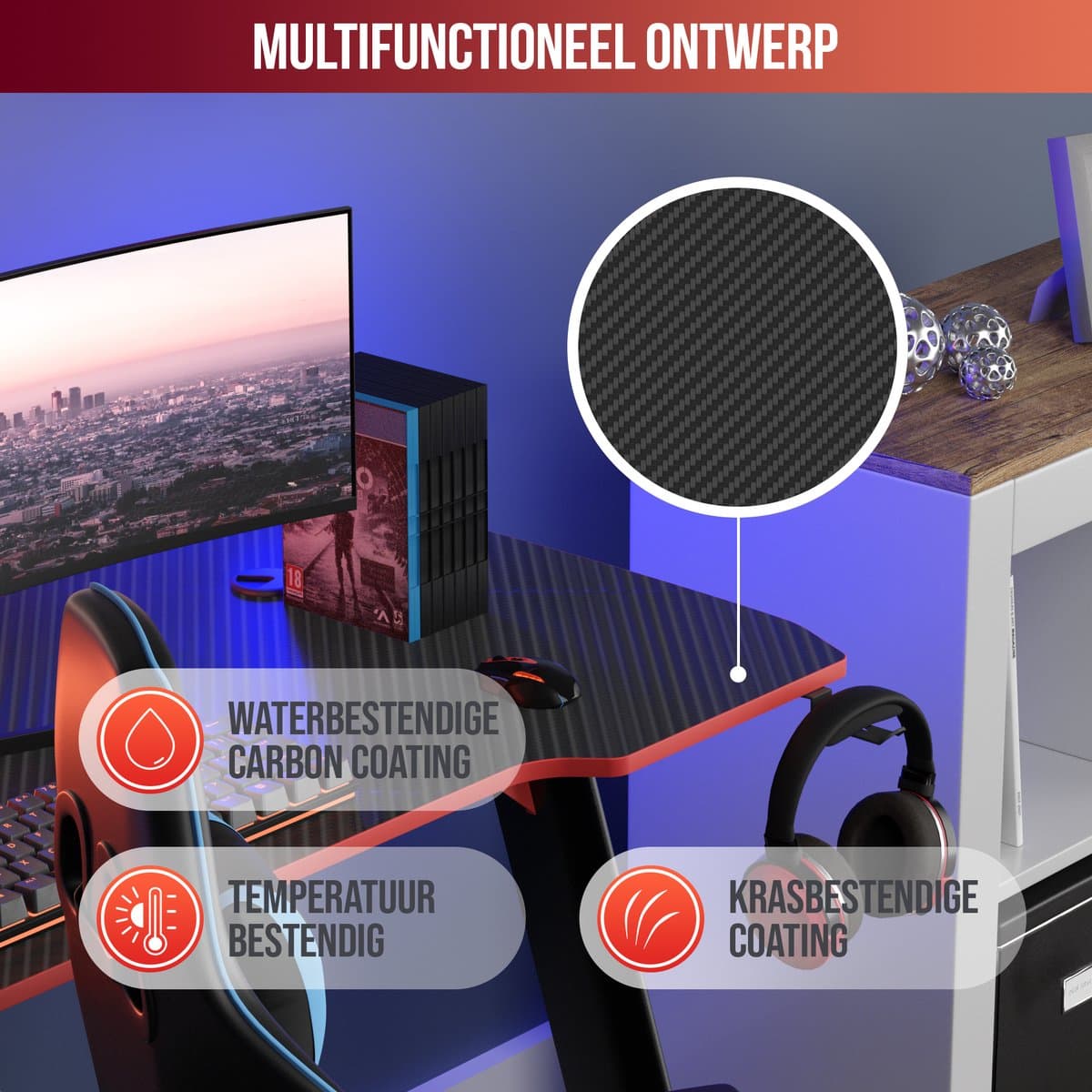 Avalo Gaming Bureau - 120x60x75 cm - Game Desk - Tafel - Game Bureau - Zwart thumbnail 5