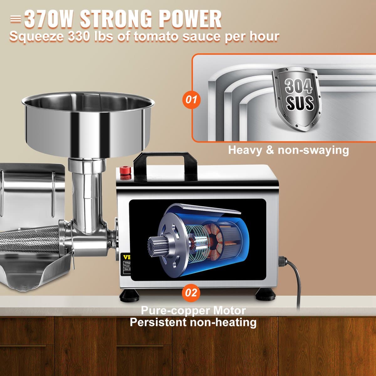 VEVOR Tomatensaus Maker Tomatenpers 49x23x34,5 Cm Elektrische Tomatenzeef 370w thumbnail 3