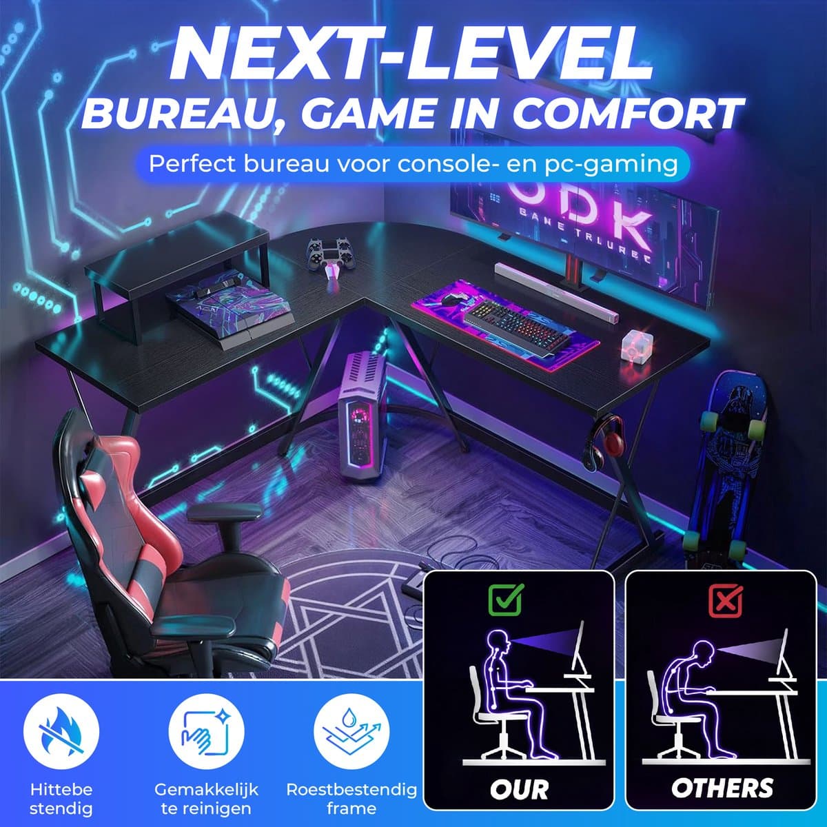 Lexorion L-Vormig Game BureauHoekbureau | Game Bureau | Game Bureau Zwart | Computerbureau – Gaming Bureau – Waterproof & Krasbestendig – Monitor Stand thumbnail 3
