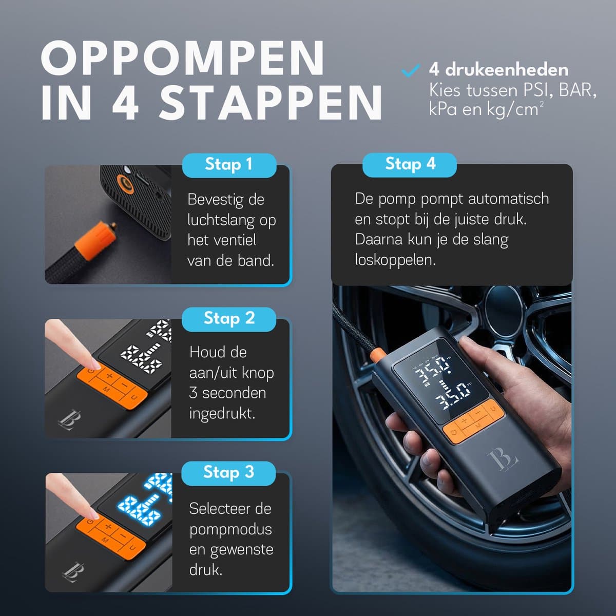 Elektrische Bandenpomp 4-in-1 - Tot 10.3 Bar - Auto, Fiets, Motor & Bal - Luchtcompressor - Autobanden Pomp - Elektrische Fietspomp - 6000 mAh Powerbank - Blissify thumbnail 8