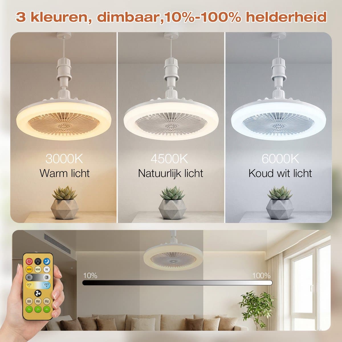 MUPOO Plafond ventilator met LED verlichting E27 Fitting met 360° Draaibaar-APP & Afstandsbediening - Plug & Play -3 Snelheden & Dimbaar - Mini Ventilatorlamp Ø 25cm- lamp ventilator plafond Voor Slaapkamer & Garage - wit thumbnail 3