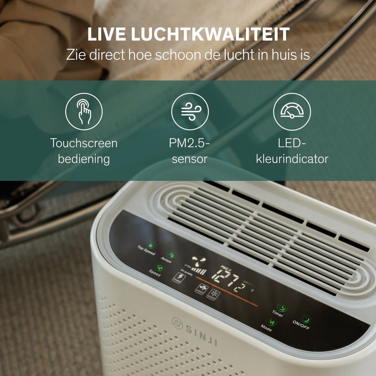 Sinji Luchtreiniger / Air Purifier – HEPA H13 + Koolstoffilter – 220 m³/u, voor ruimtes tot ca. 55 m² – Ionisatie – Afstandsbediening – Timer & Display – Helpt bij stof, pollen & huisstofmijt thumbnail 6