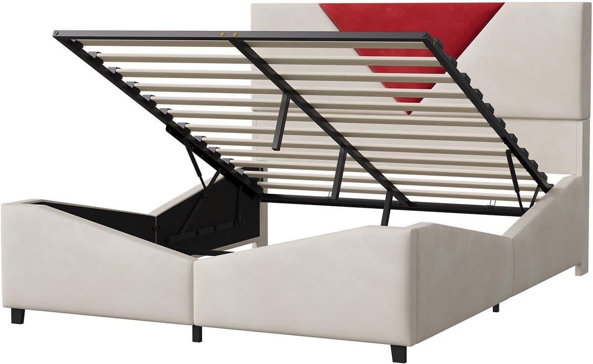 Velours tweepersoonsbed 160x200 cm met geïntegreerde LED-vloerverlichting en gasveermechanisme voor opbergruimte, modern slaapkamerdesign met zacht comfort, beige thumbnail 3