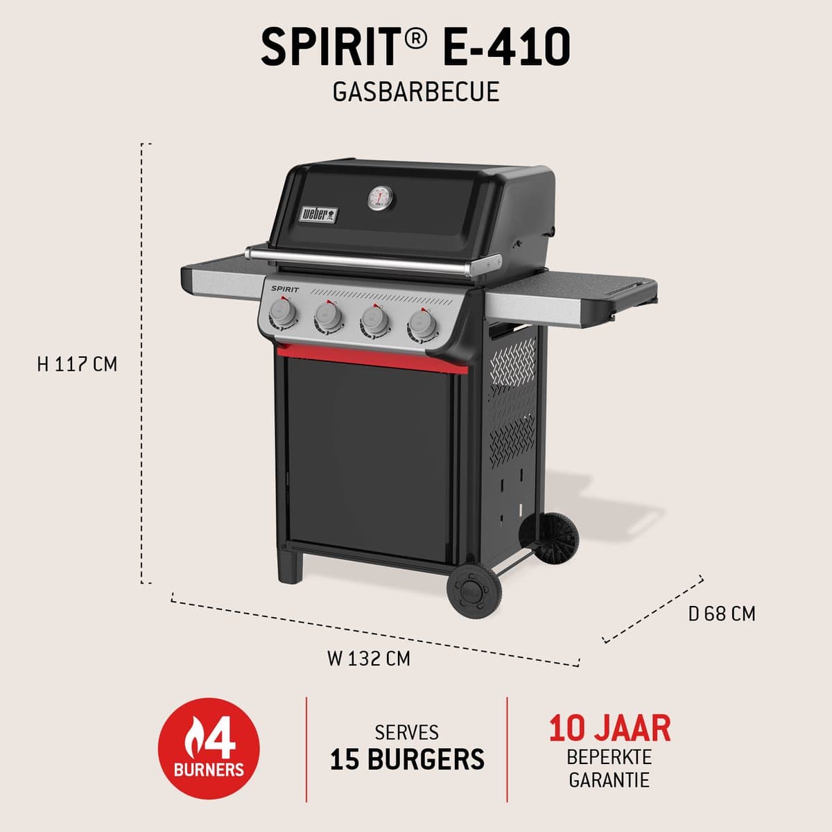 Weber Spirit E-410 - Gasbarbecue - Zwart - 4 Branders met 8,2 kW vermogen - Porselein geëmailleerde gietijzeren grillrooster - 2 Zijtafels - 2 Duurzame wielen - Kast met deur thumbnail 2