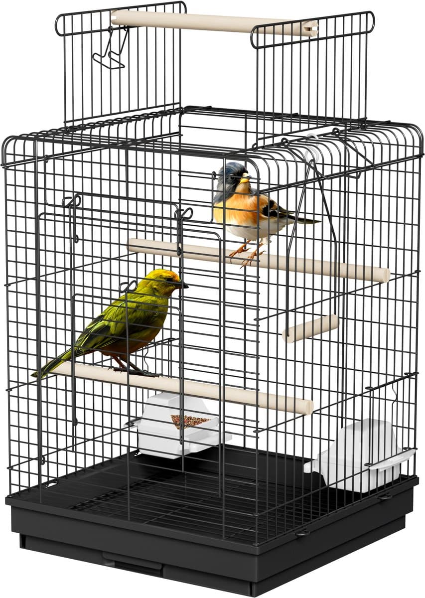 Metalen vogelkooien 40x40cm, parkietenkooi met zitstok, houten standaard, valkparkietenkooi, draagbare volière met dakraam, deur, voederbak en uitneembare lade voor siervogels NAIZY