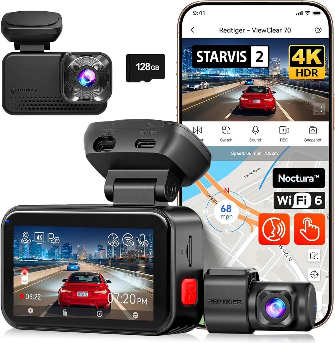 RedTiger Viewclear 70 - Dual Dashcam voor auto - Ultra 4K & 2,5K - Voor en Achter Camera - 2026 model - Met Touchscreen - WiFi en GPS - 3.20 Inch met App - Sony Sensor Nachtzicht - Dashcams - Parkeerbewaking - G Sensor - Loop opname - 128GB SD Kaart - afbeelding 1