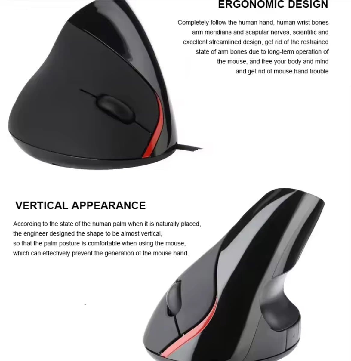 Verticale Ergonomische Muis – USB – 1600 DPI – 5 Knoppen – Anti Polsbelasting – Comfort Office Muis – Zwart thumbnail 2