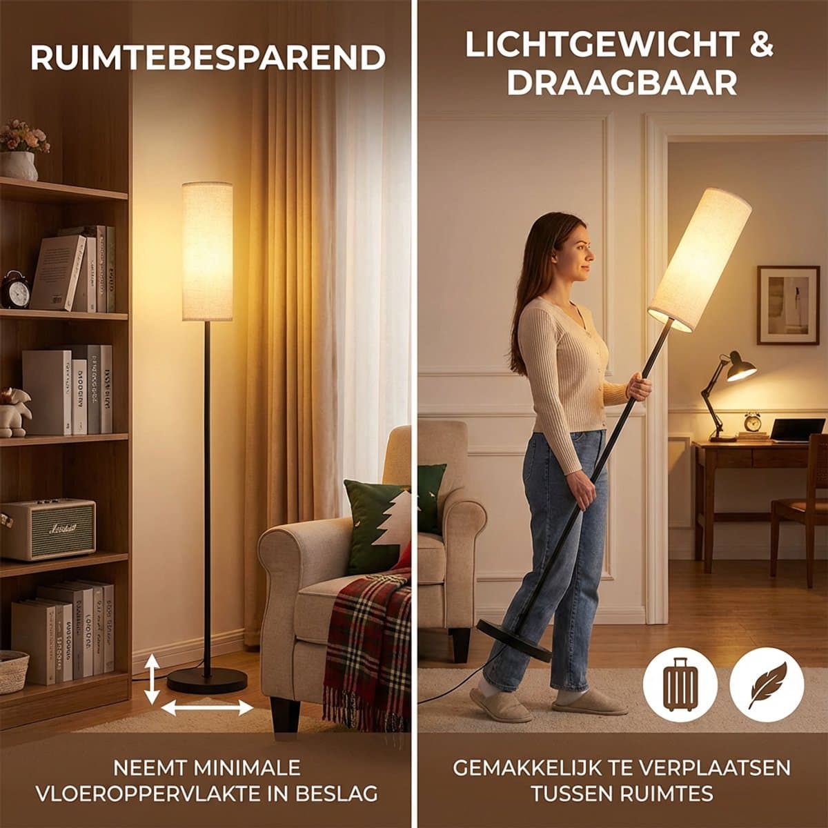 MUPOO Scandinavisch Vloerlamp met Linnen Kap 173cm- Hoeklamp Ruimtebesparend -Incl 3-Kleuren Staande Lamp- Voetschakelaar -voor Woonkamer & Kantoor thumbnail 5