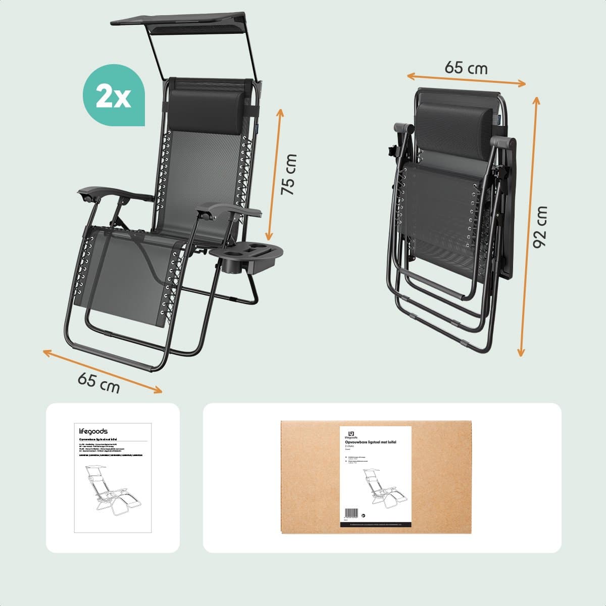 LifeGoods Opvouwbare Tuinstoelen - Verstelbaar Zonnescherm - Ligstoel Tuin - 2 Stuks - 30°-90° Verstelbaar - Metaal - Zwart thumbnail 8