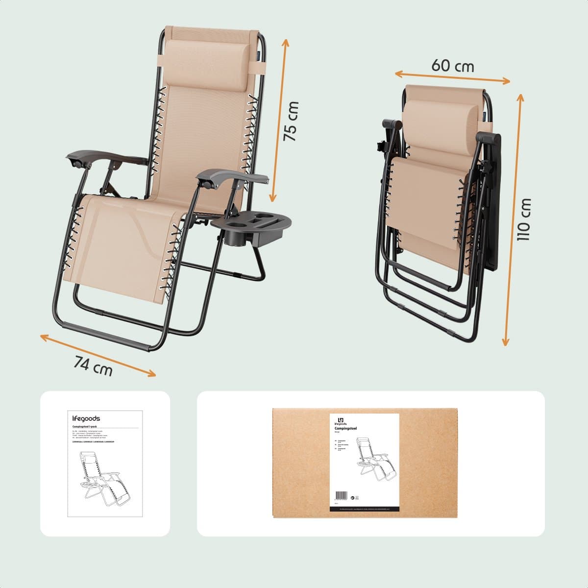 LifeGoods Opvouwbare Tuinstoel - Ligstoel Tuin - 30°-90° Verstelbaar - Metaal - Beige thumbnail 8