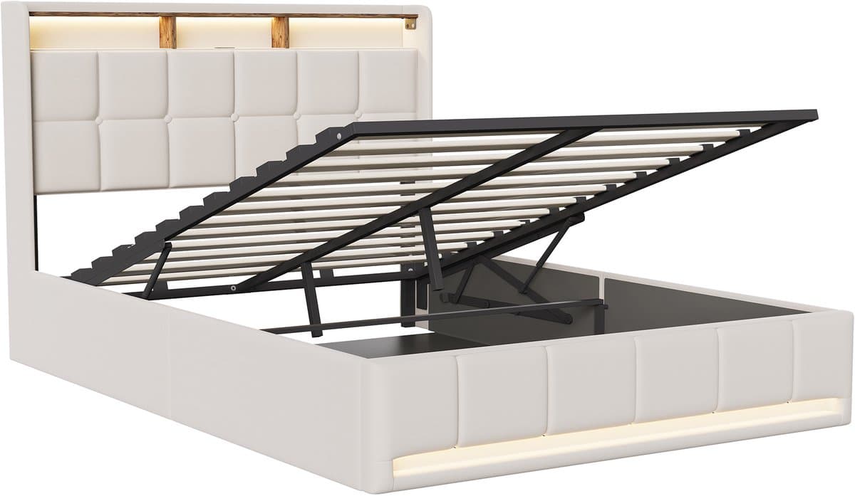 Opbergbed 160x200 cm Beige – Gestoffeerd Tweepersoonsbed met Gasveer, LED Hoofd- en Voetbord, USB/Type-C Oplaadpoort – Linnen Bedframe thumbnail 8