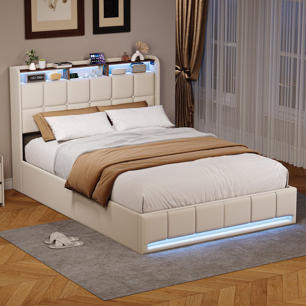 Opbergbed 160x200 cm Beige – Gestoffeerd Tweepersoonsbed met Gasveer, LED Hoofd- en Voetbord, USB/Type-C Oplaadpoort – Linnen Bedframe thumbnail 6