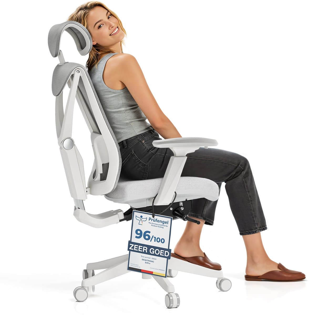 Desktronic SitPro Ergonomische Bureaustoel - Bureaustoelen voor volwassenen - Bureau stoel voor kantoor, gaming - 5D lendensteunsysteem - Armleuningen 4D - Rugleuning 90° tot 135° - heeft BIFMA en .IGR ergonomiecertificering - Grijs