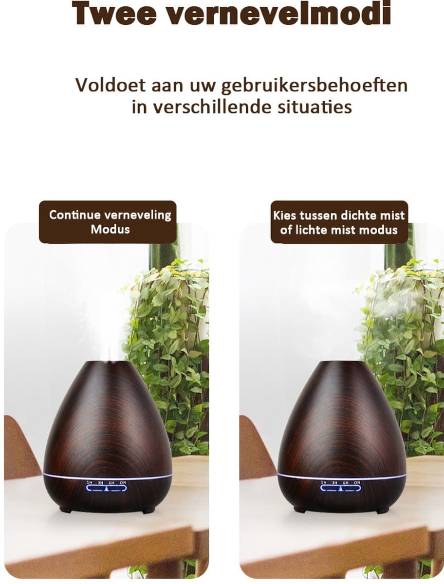 ibettertec Luchtreiniger & Aromadiffuser - 400ml Elektrische geurlamp met houten design,LED-verlichting en stille luchtbevochtiger voor etherische oliën thumbnail 6