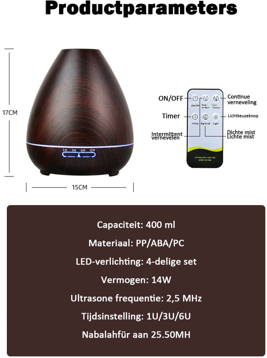 ibettertec Luchtreiniger & Aromadiffuser - 400ml Elektrische geurlamp met houten design,LED-verlichting en stille luchtbevochtiger voor etherische oliën thumbnail 3