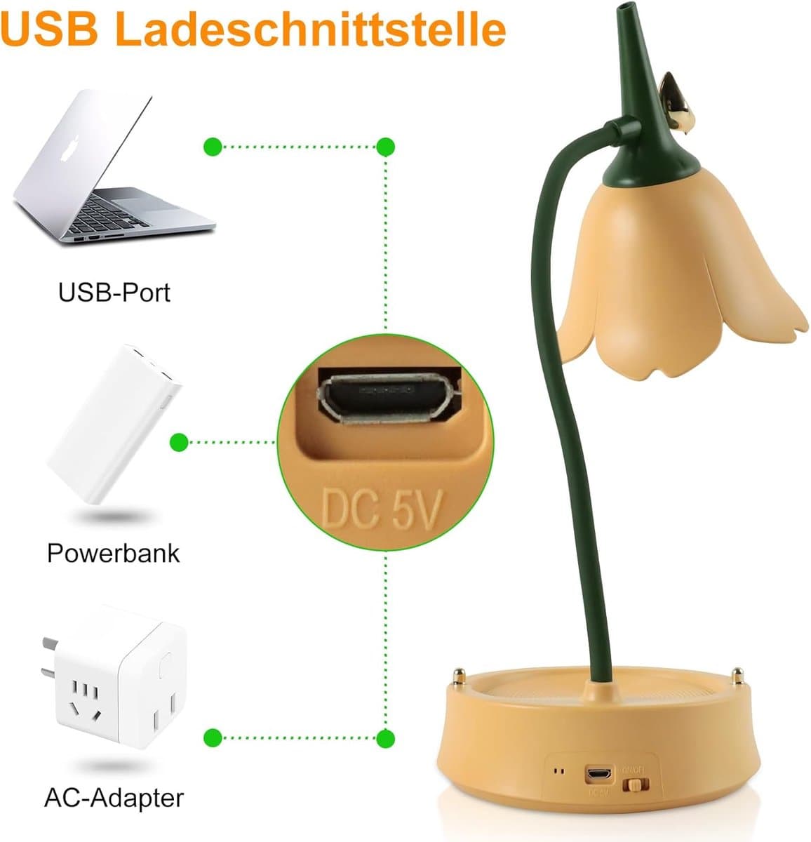 LED-bureaulamp - Dimbaar - Touchbediening en oplaadbaar via USB - Flexibele hals - Geel bloemenpatroon thumbnail 6
