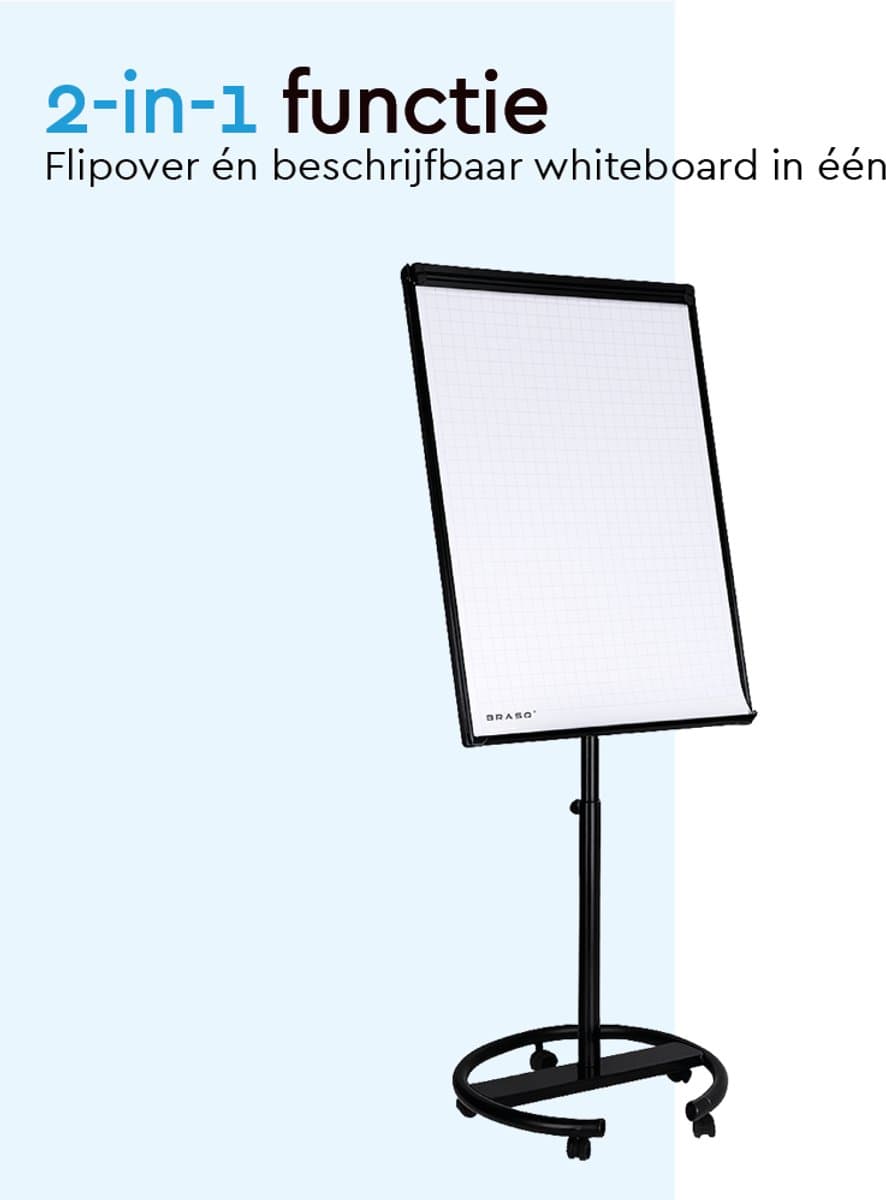 BRASQ Flipover Verrijdbaar Deluxe -70x100 cm - Verstelbaar Whiteboard - Inclusief 25 vellen papier en accessoires - met Uitschuifbare Armen - Magnetisch bord met Haken - Magneetbord - Zwart thumbnail 8