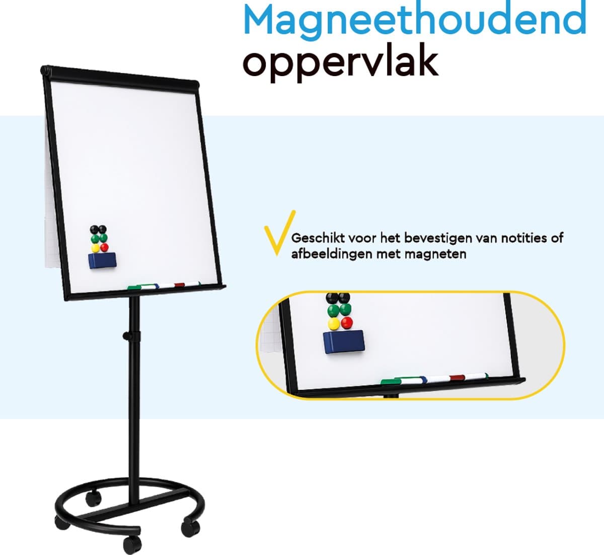 BRASQ Flipover Verrijdbaar Deluxe -70x100 cm - Verstelbaar Whiteboard - Inclusief 25 vellen papier en accessoires - met Uitschuifbare Armen - Magnetisch bord met Haken - Magneetbord - Zwart thumbnail 4