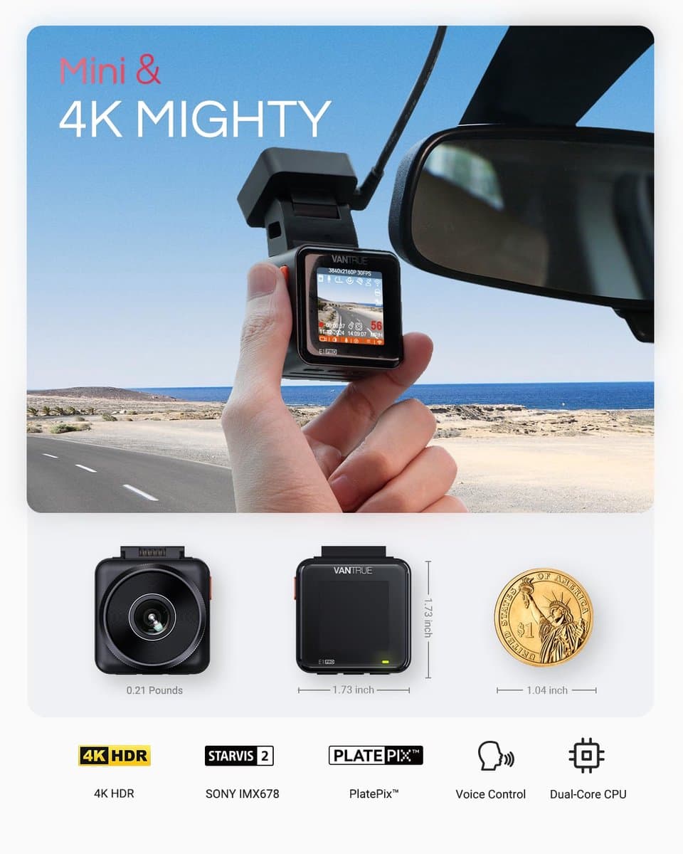 Vantrue E1 Pro 4K Mini Dashcam Voorzijde, STARVIS 2 PlatePix™ HDR Nachtzicht Autoradio, Ingebouwde 5G WiFi GPS, 1,54" IPS-scherm, LTE-ondersteuning, Spraakbediening, 24/7 Buffered Parkeermodus, Ondersteunt tot 1TB Max thumbnail 5