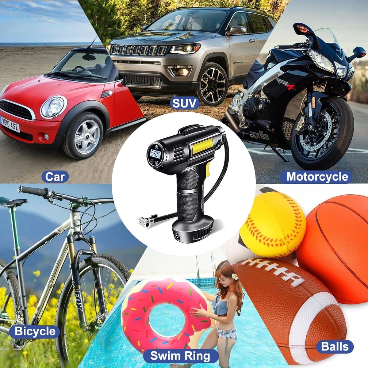 Fietspomp - fietspomp elektrisch - fietspompen - Autobandenpomp - Elektrische pomp - Draagbare luchtcompressor - Draadloze autobandenpomp - 4000 mAh 12 V - Oplaadbaar - 150 PSI - Autocompressor - Met LED en mondstukadapter thumbnail 2