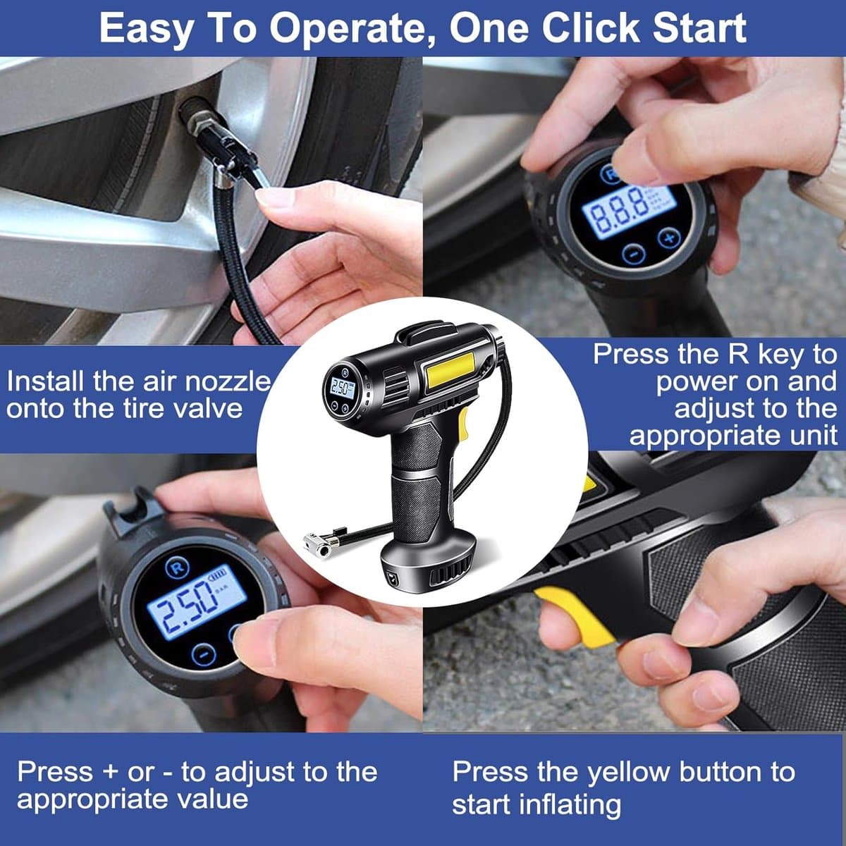Fietspomp - fietspomp elektrisch - fietspompen - Autobandenpomp - Elektrische pomp - Draagbare luchtcompressor - Draadloze autobandenpomp - 4000 mAh 12 V - Oplaadbaar - 150 PSI - Autocompressor - Met LED en mondstukadapter thumbnail 6