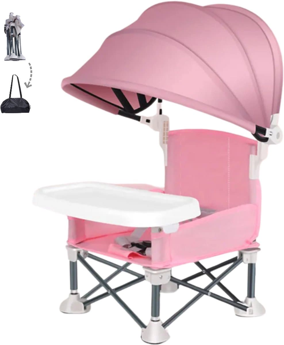 Kinderstoel Inklapbaar - Stoelverhoger - Zitverhoger - Kinderstoel - Kinder Eetstoel - Eetstoel Baby - Incl. Draagtas & Bevestingingsriemen- Roze met Zonwering