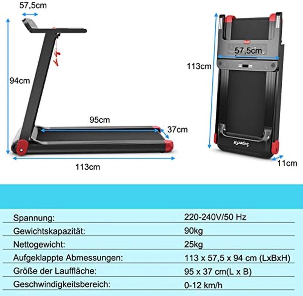 Inklapbare Elektrische Loopband met 12 Programma's, Bluetooth en LED-Monitor voor Thuisgebruik thumbnail 2