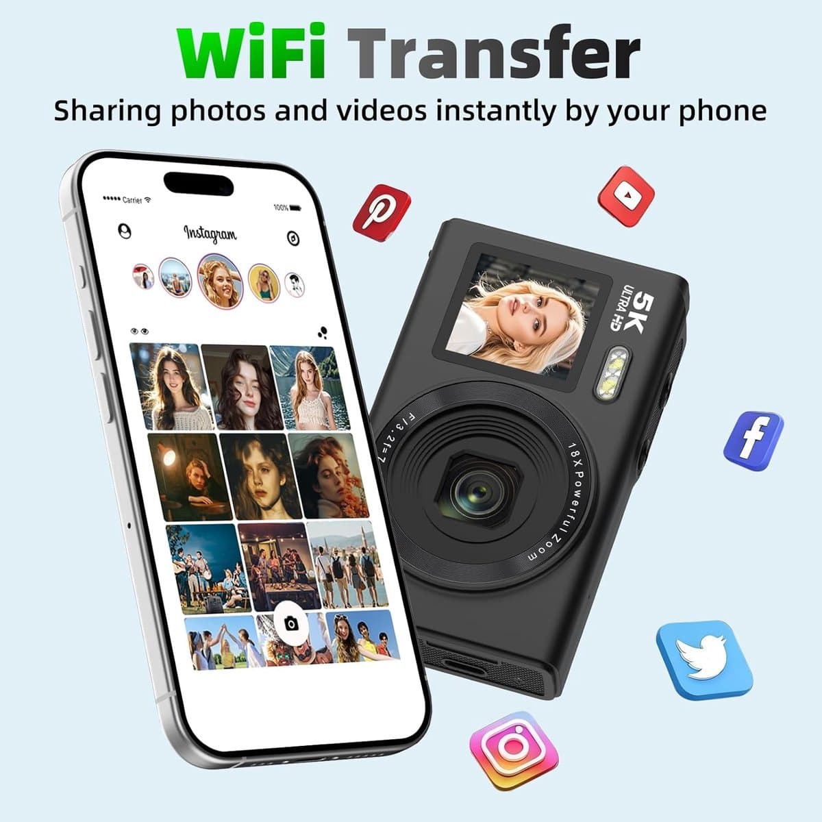 Camera - 5K Digitale camera - 80MP camera met dubbel scherm voor fotografie en vloggen, 18x zoom, autofocus, invullicht, compacte vlogcamera voor studenten, reizen, tieners en beginners, inclusief 64GB geheugenkaart fototoestel（zwart） thumbnail 6