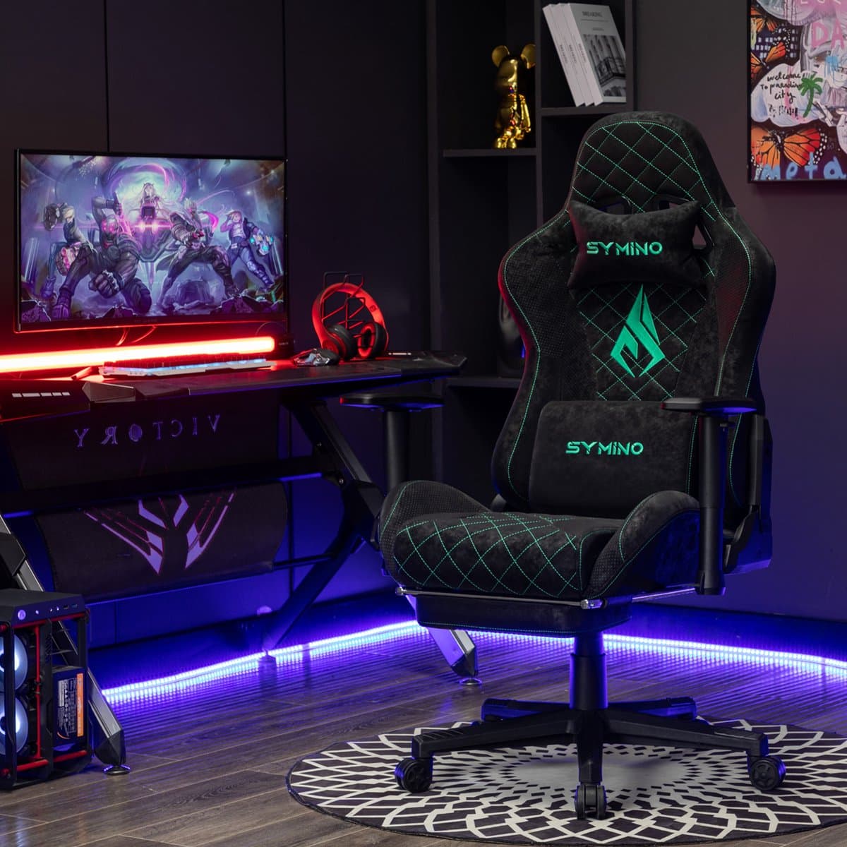 Symino PU lederen Verstelbare Ergonomische Gamestoel met Voetsteun-Gaming Stoel - Bureaustoel Gaming chair - Game Stoel - Tot 200kg - Zwart thumbnail 8