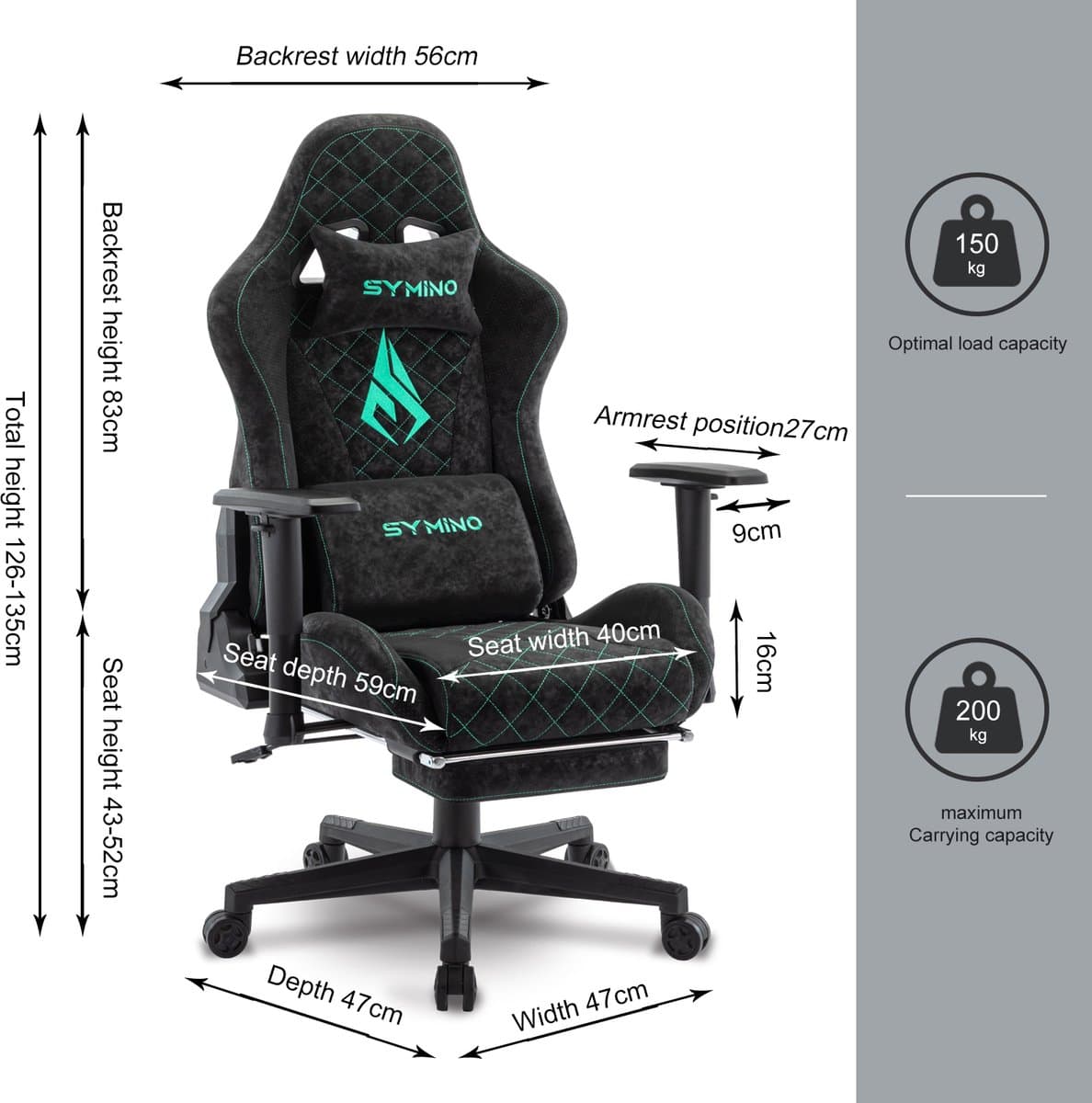 Symino PU lederen Verstelbare Ergonomische Gamestoel met Voetsteun-Gaming Stoel - Bureaustoel Gaming chair - Game Stoel - Tot 200kg - Zwart thumbnail 6